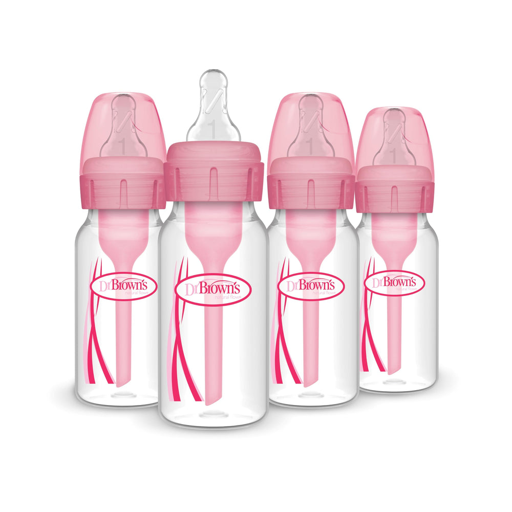 Dr. Brown's Natural Flow anti-colic bottle in pink with 4 oz capacity for versatile feeding.