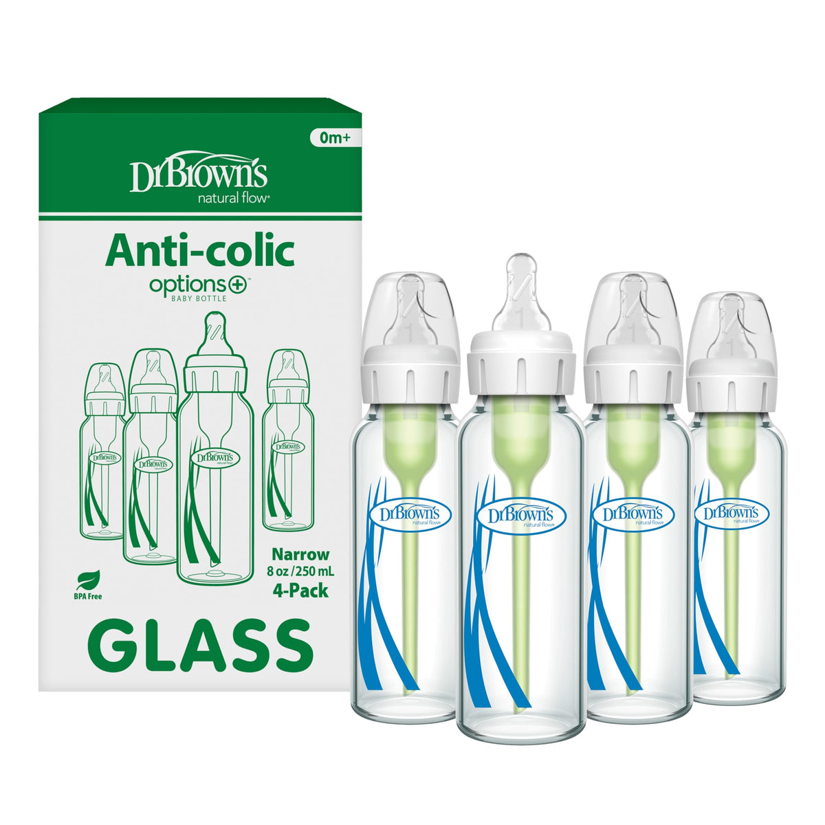 Dr. Brown's Natural Flow narrow glass bottle 8 oz, front view for easy feeding.