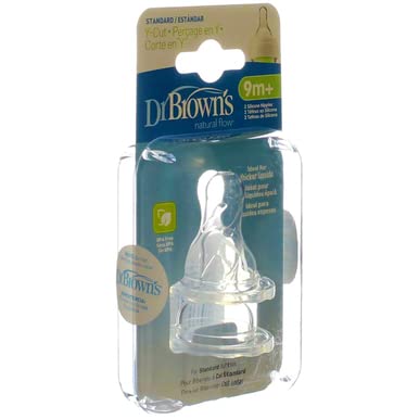 Dr. Brown's Natural Flow nipple flow-system illustration showing compatibility with bottles.