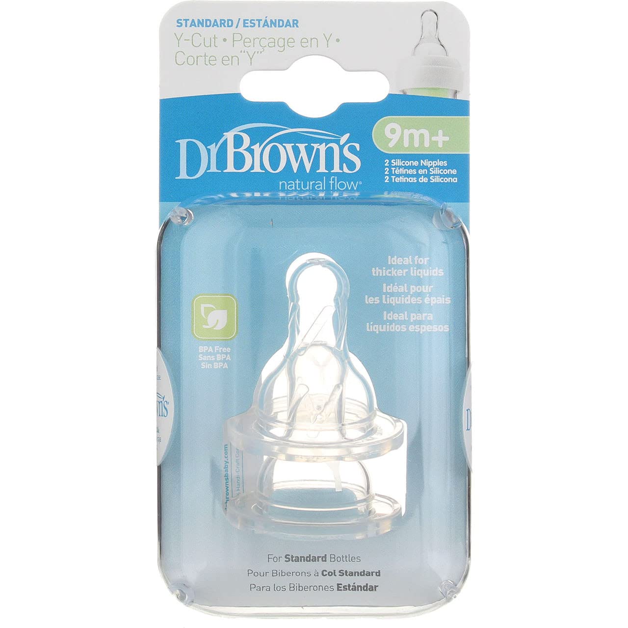 Dr. Brown's Natural Flow nipple side view, durable silicone for 9m+ feeding.