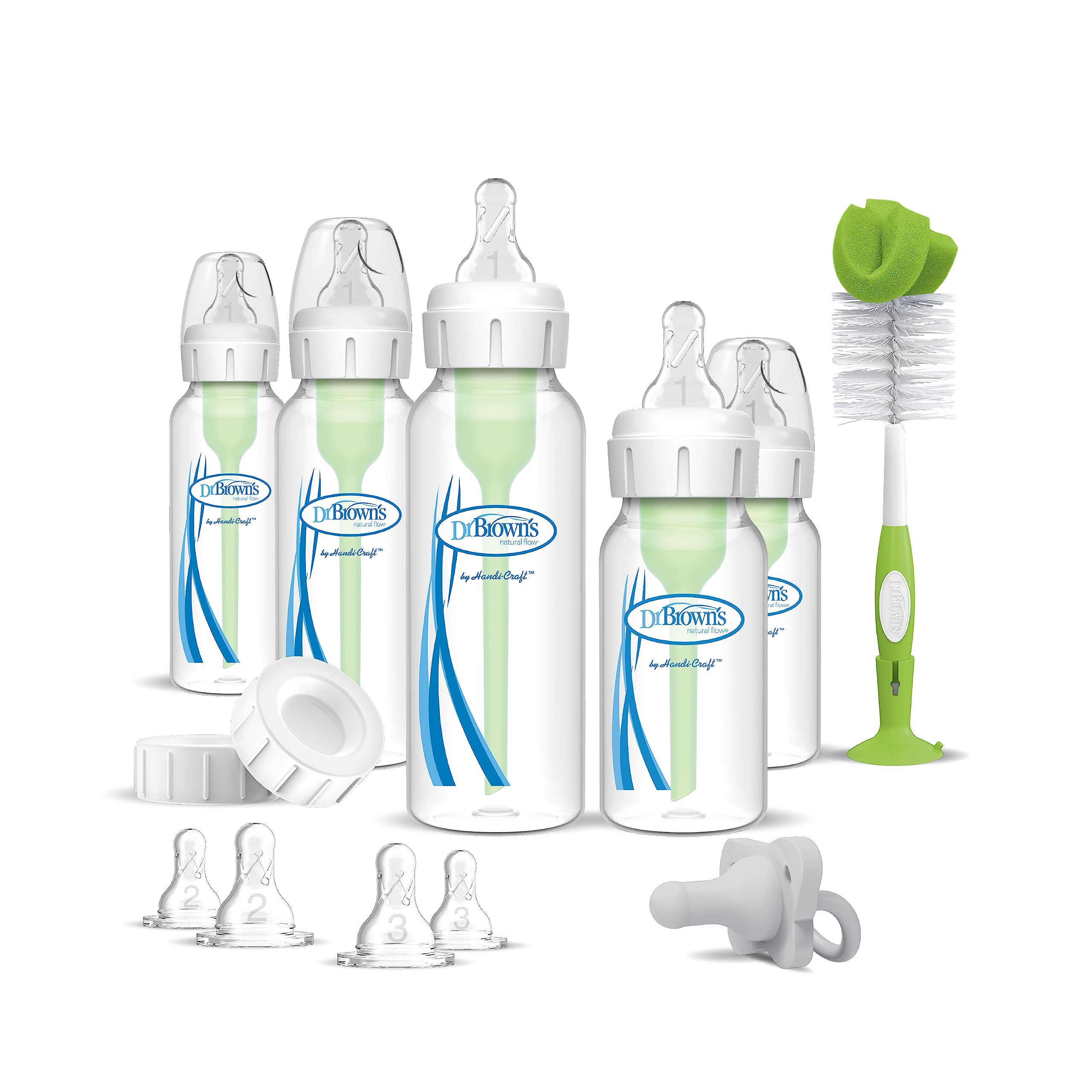 Dr. Brown's Natural Flow bottle vent visible to reduce spit-up and gas.