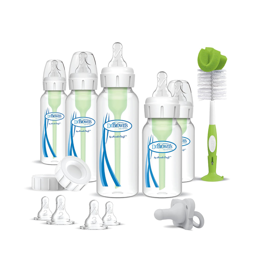 Dr. Brown's Natural Flow bottle vent visible to reduce spit-up and gas.