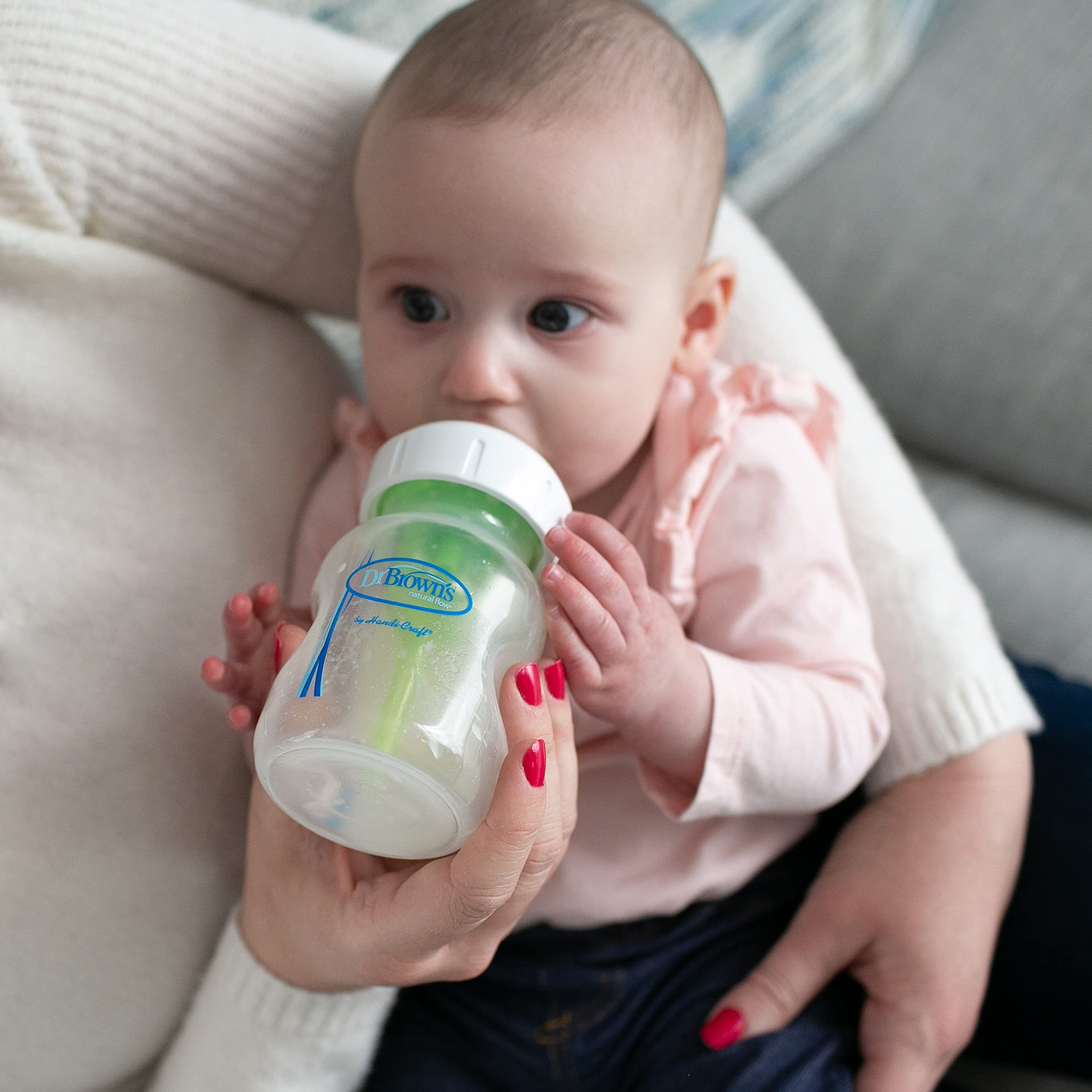 Dr. Brown’s silicone nipple in action with baby feeding at own pace.