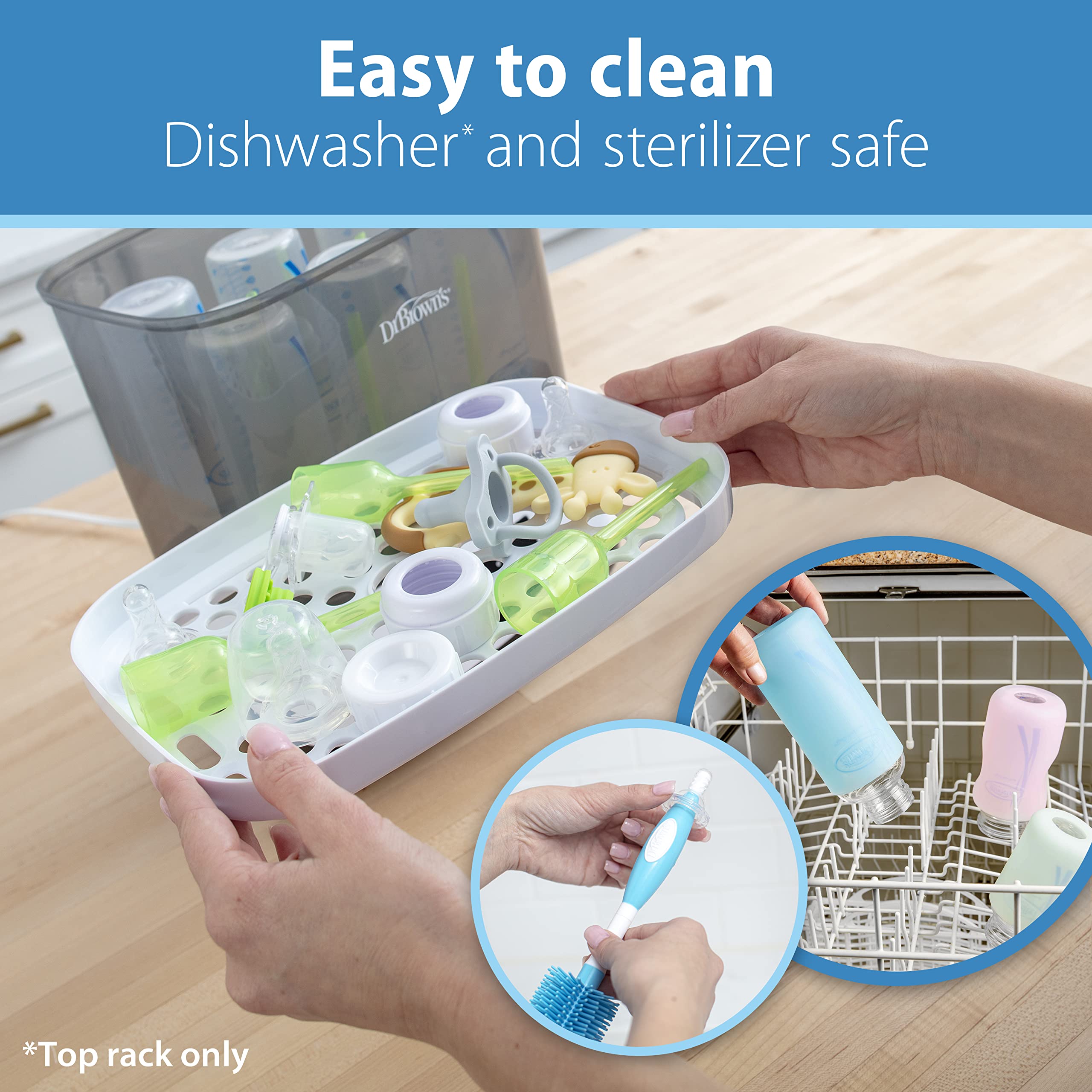 Dr. Brown’s Level 2 nipple shows dishwasher-safe top rack convenience.