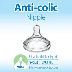 Dr. Brown’s Options+ wide-neck bottle nipple fit showing compatibility for thicker liquids