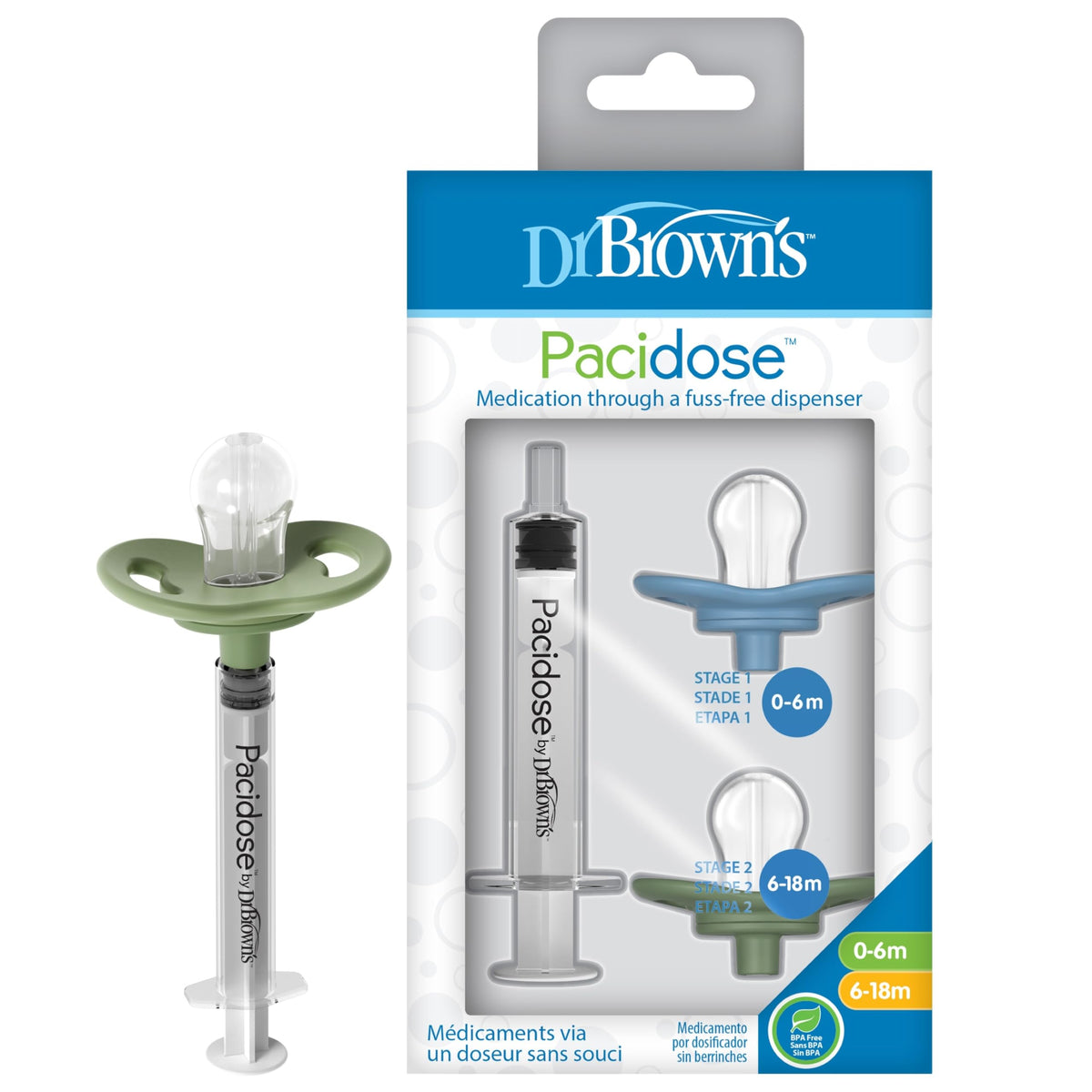 Dr. Brown's Pacidose soft-silicone bulb close-up shows gentle medicine delivery.