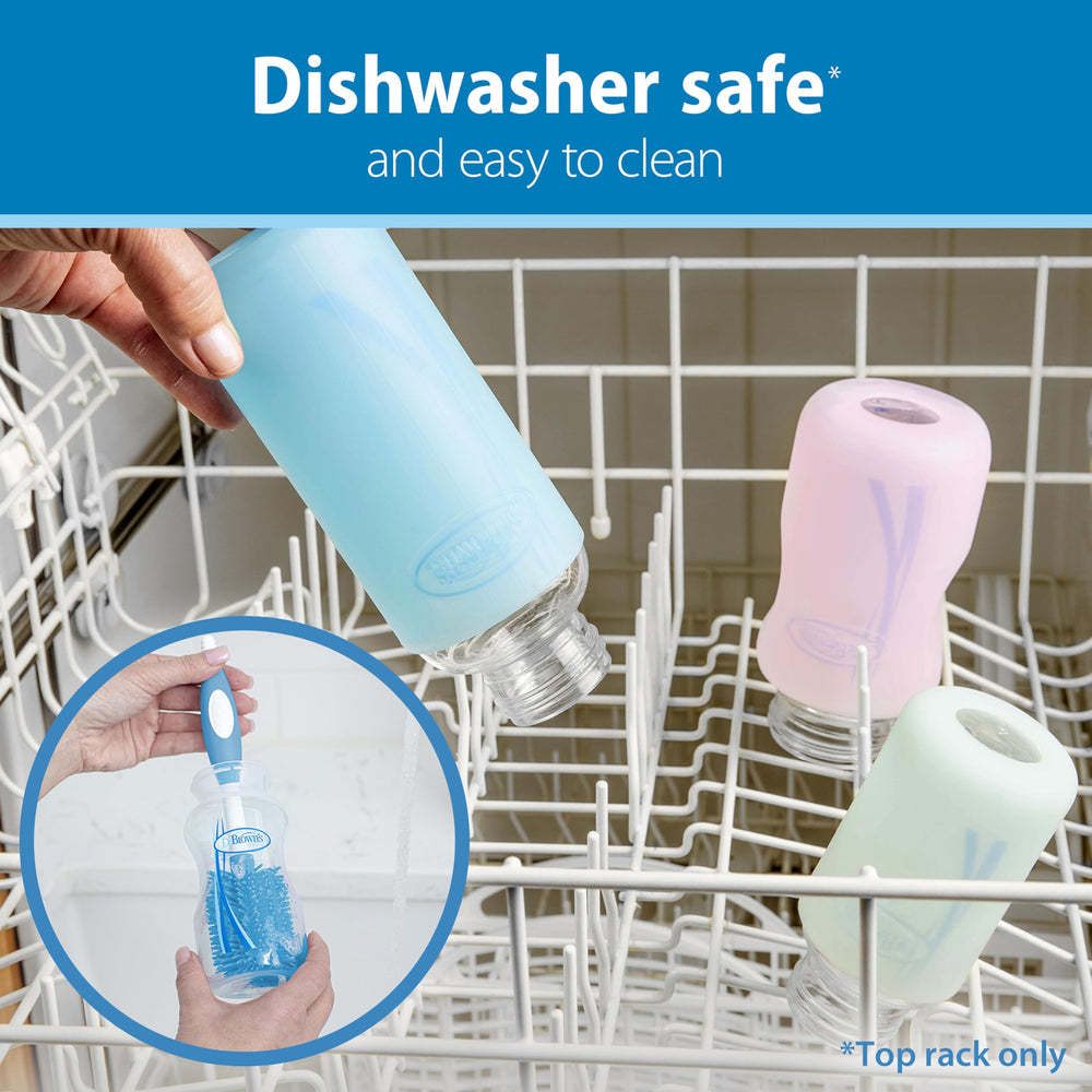 Bottle on top rack demonstrates dishwasher-safe cleaning convenience.