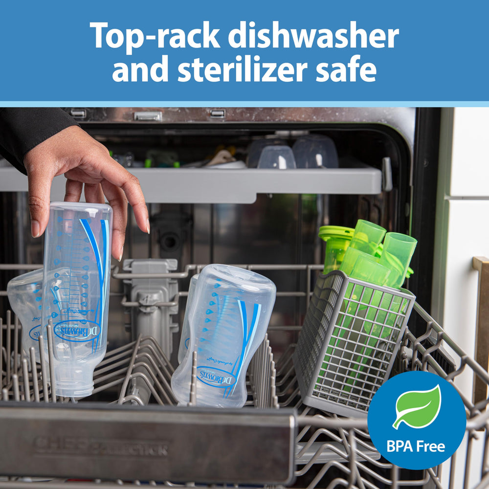 Dr. Brown's top-rack dishwasher-safe label indicating easy cleaning.