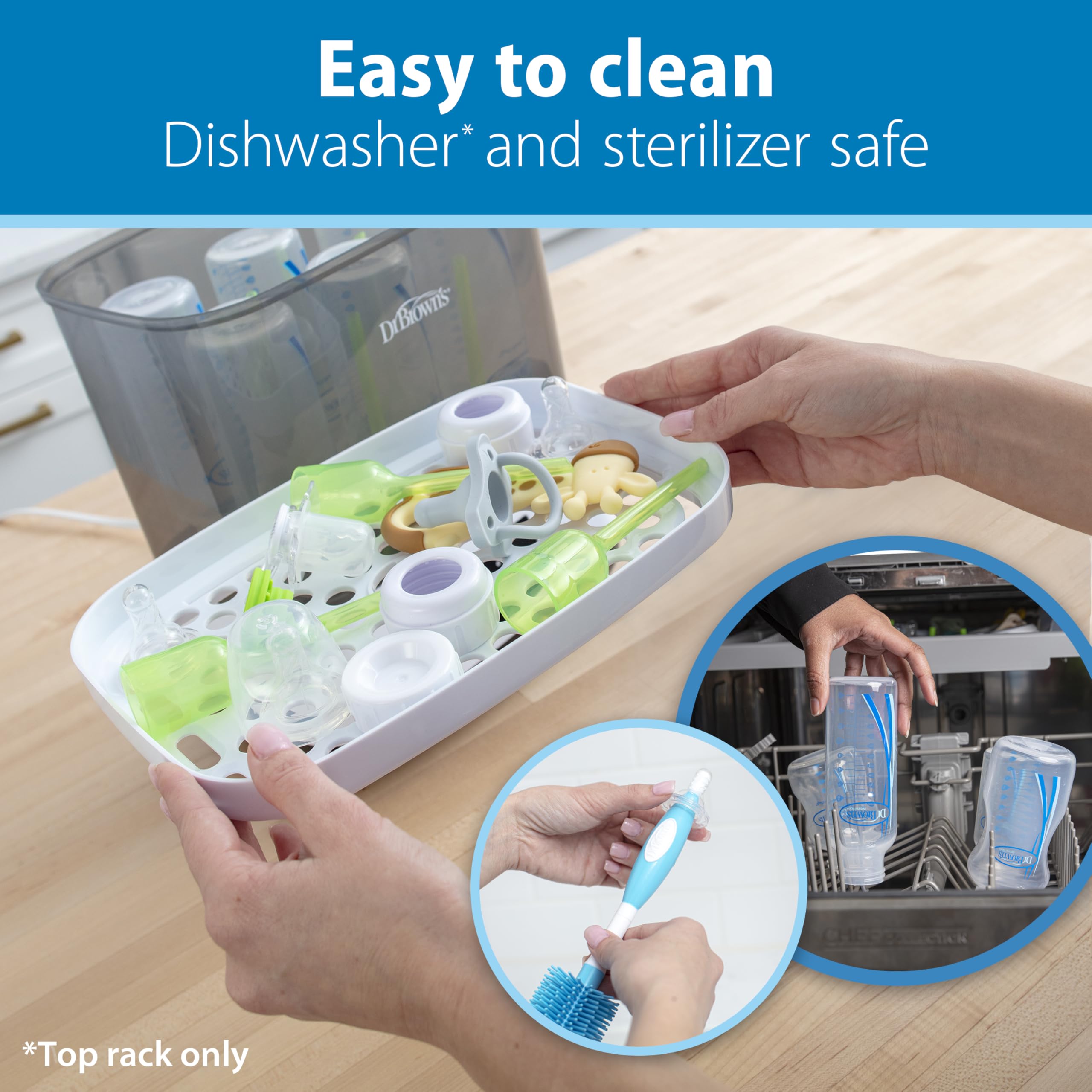 Dr. Brown's Ultra-Preemie nipple top-rack dishwasher-safe graphic conveys easy cleanup.