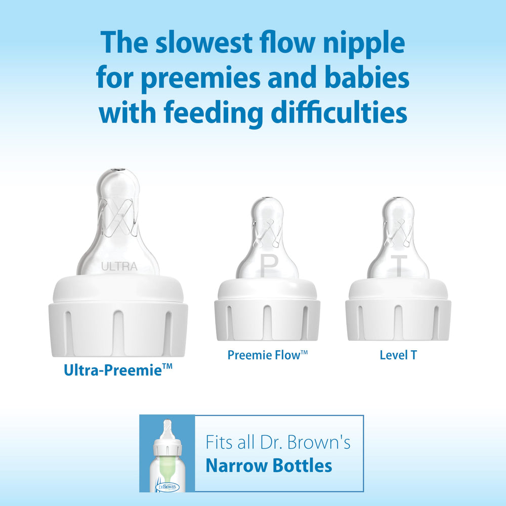 Dr. Brown's Ultra-Preemie nipple flow rate graphic illustrates the gentlest pace for premature feeding.