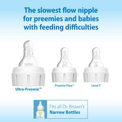 Dr. Brown's Ultra-Preemie nipple flow rate graphic illustrates the gentlest pace for premature feeding.