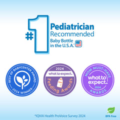 Dr. Brown's wide-neck bottle with Level 1 slow-flow nipple for easier feeding