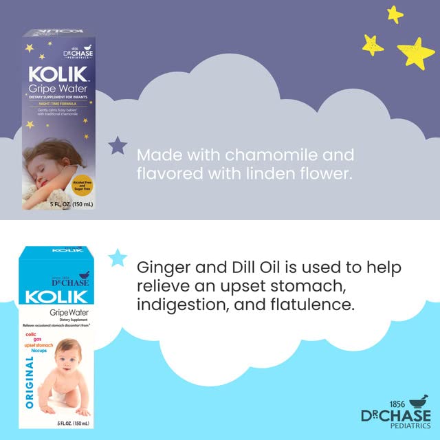 Dr. Chase Kolik Gripe Water ingredients like ginger and chamomile highlighted for gentle relief.