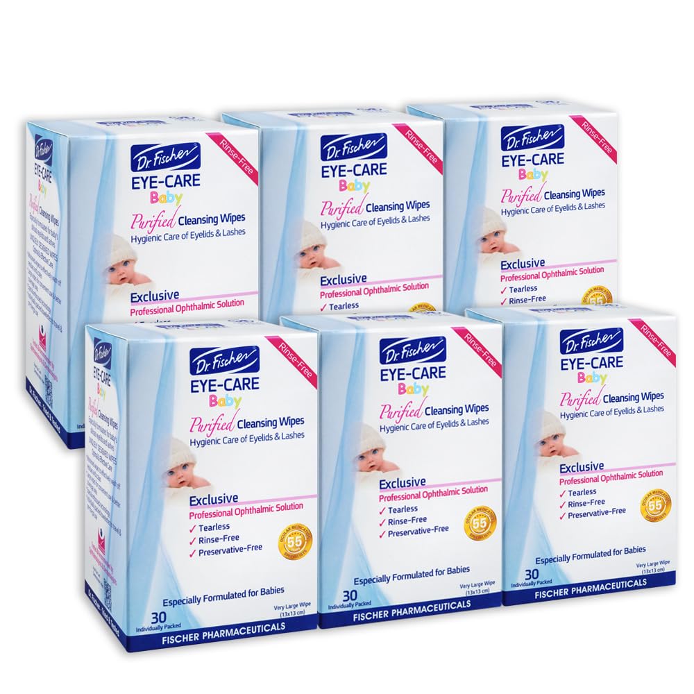 Dr. Fischer baby eyelid wipes packaging highlights gentle, preservative-free care for sensitive eyes.