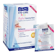 Dr. Fischer premium wipes tube close-up emphasizes tear-free, rinse-free formula.