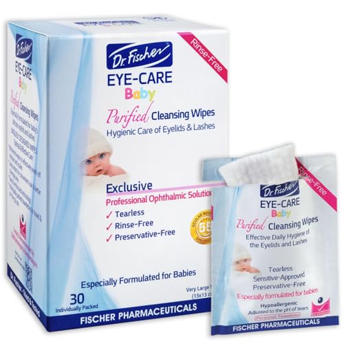 Dr. Fischer tear-free, rinse-free packaging close-up, designed for painless daily cleaning.
