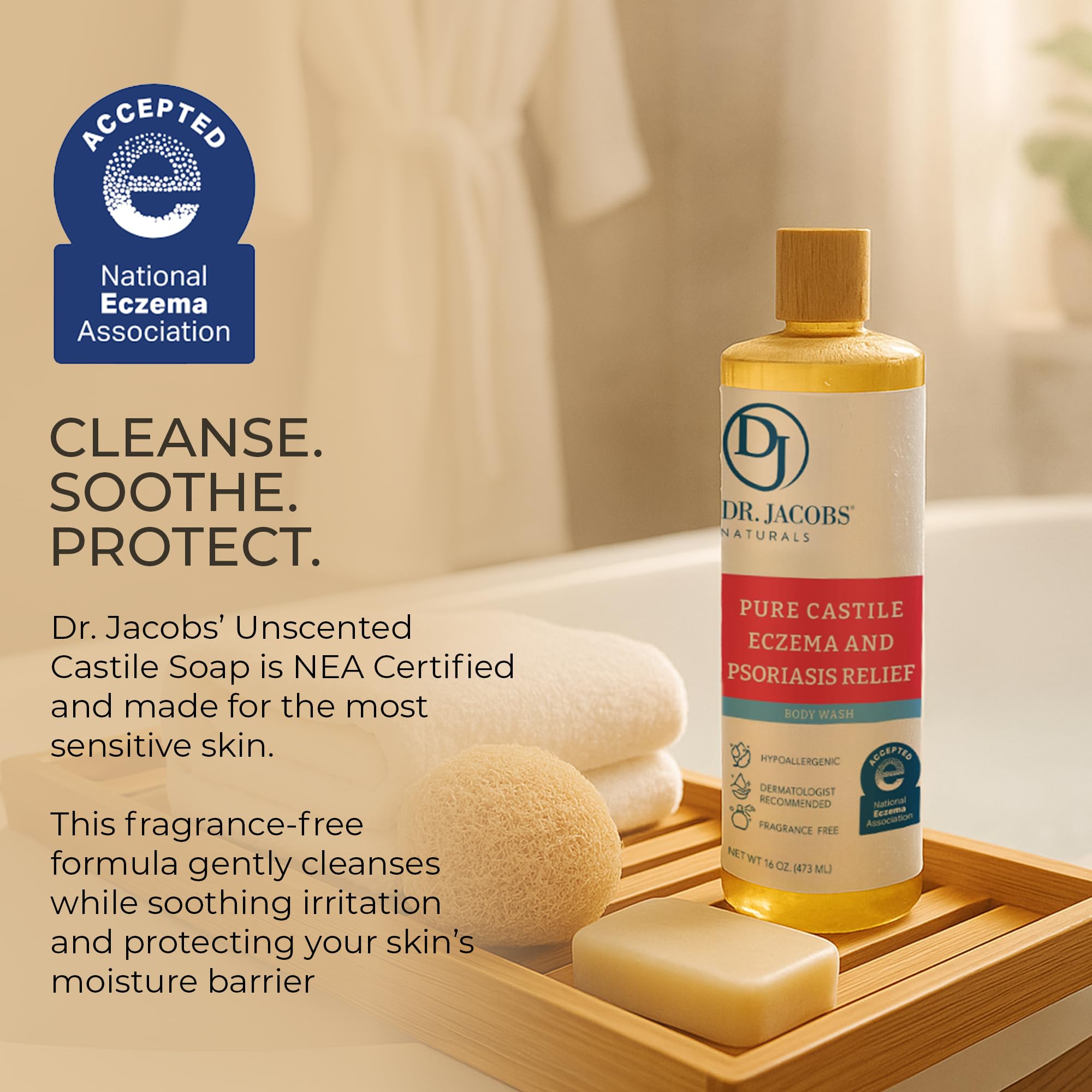 DR.JACOBS NATURALS NEA-certified bottle indicating approved skin-friendly formula
