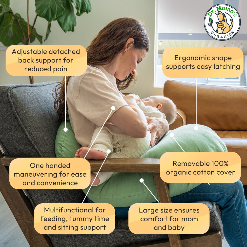 Dr. Mama's Organics nursing pillow sage cover removable for gentle skin care.