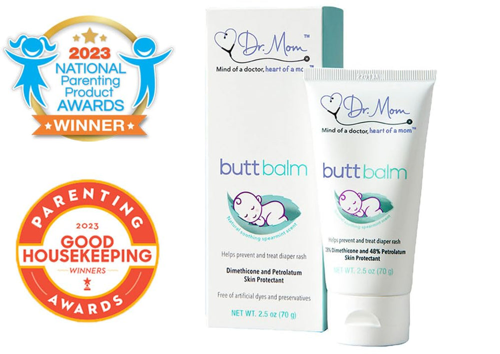 Dr. Mom Butt Balm zinc-oxide-free formula emphasizes lightweight, mess-free protection.