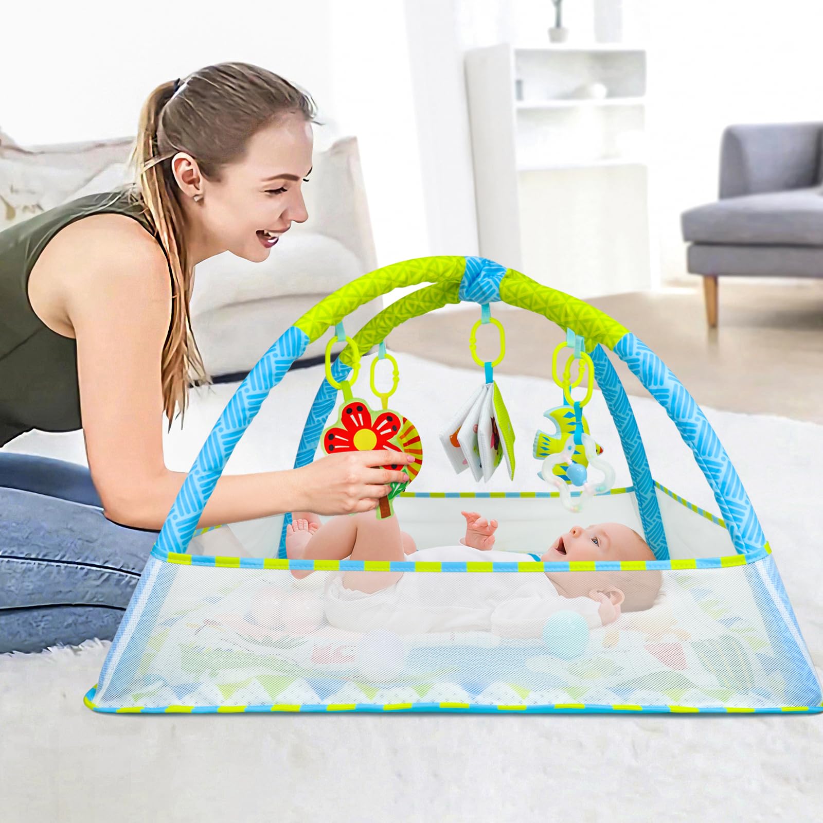 Dr.Rapeti Baby Play Gym Mat tool-free setup demo shows quick assembly