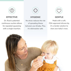 Medical-grade silicone Dr. Rose's nasal aspirator keeps baby safe and comfortable.