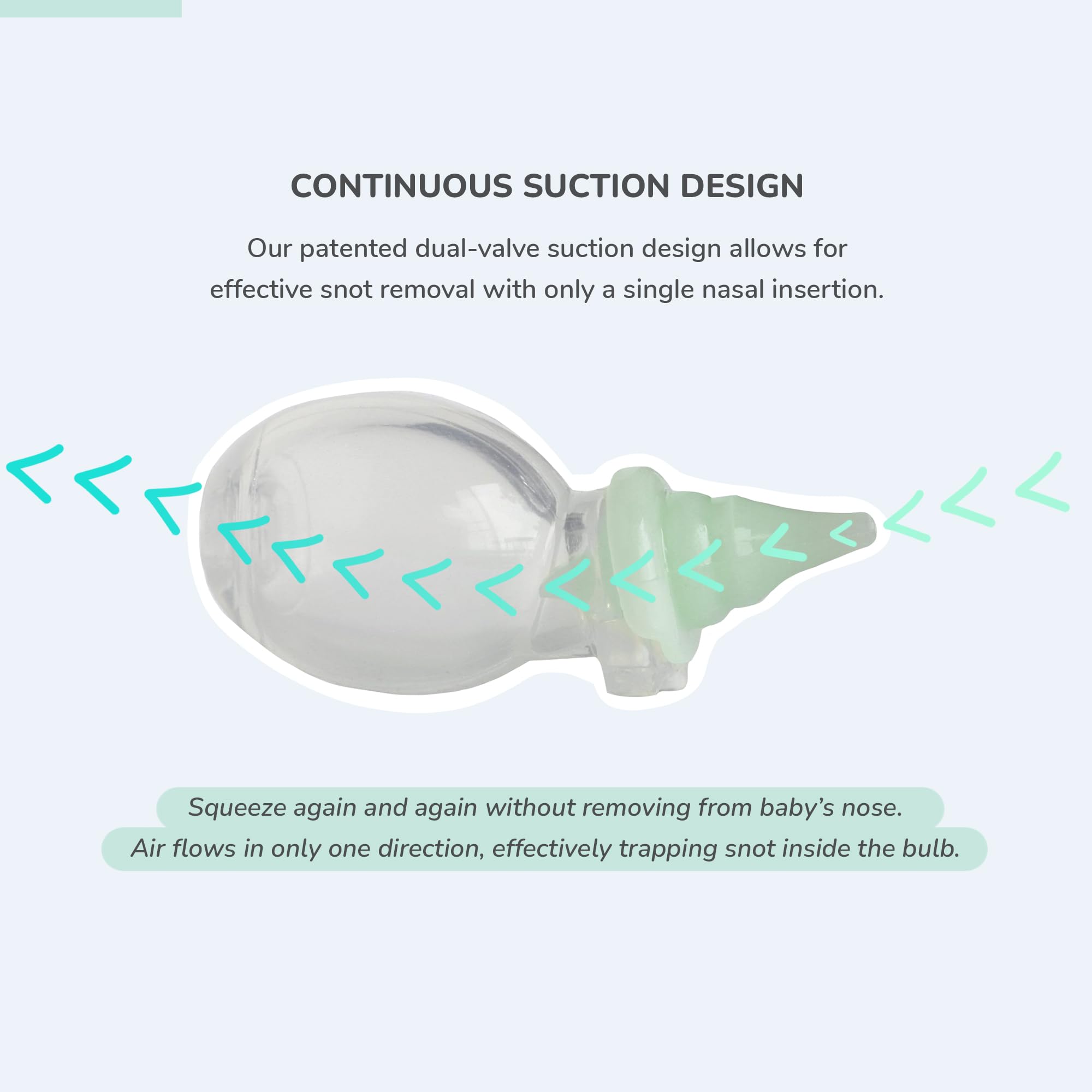 Dr. Rose's Nasal Aspirator seal-and-squeeze action for quick mucus removal.