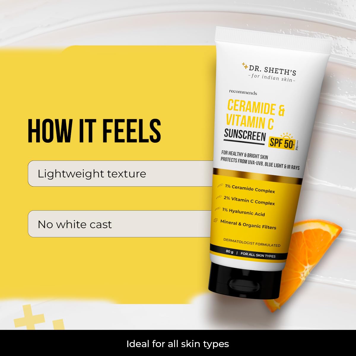 Dr. Sheth's ceramide vitamin C sunscreen with subtle glow on skin