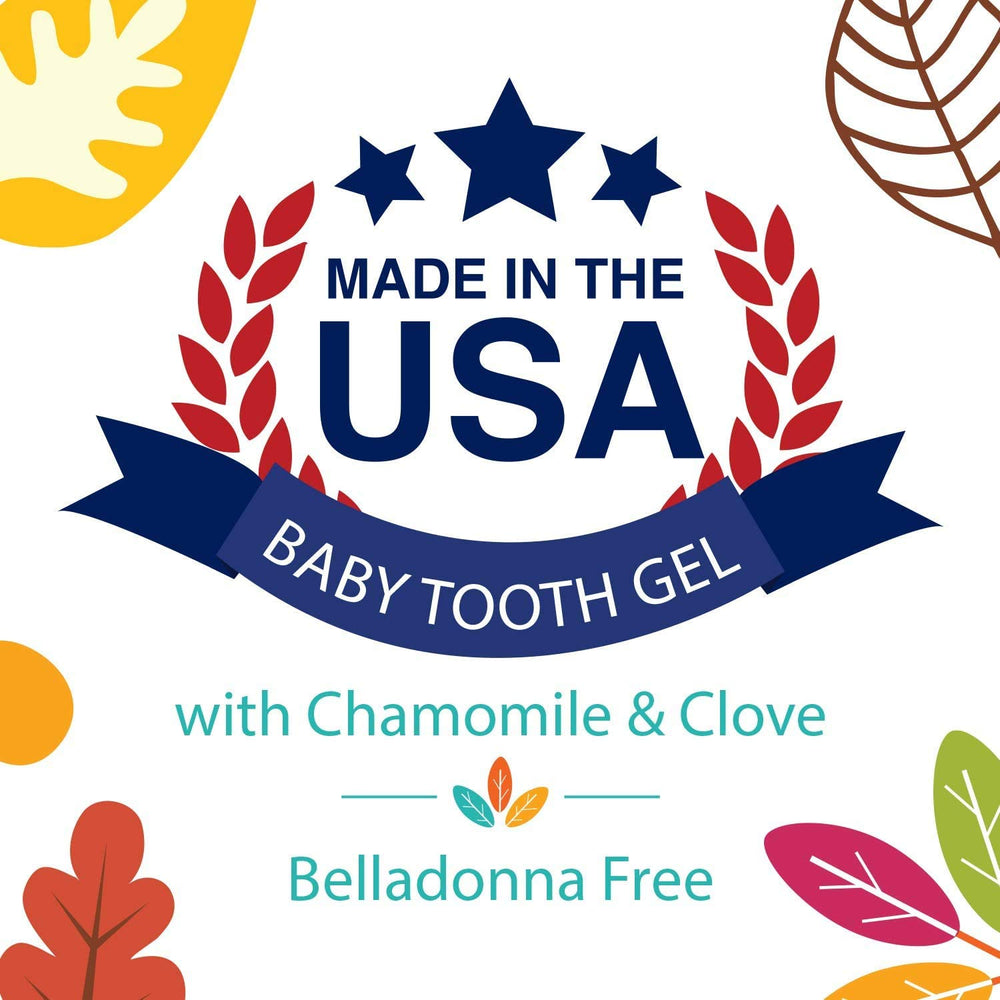 Application scene showing gentle gel on baby's gums for soothing relief.
