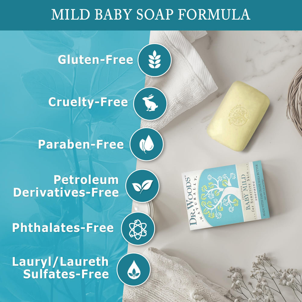 Dr. Woods Unscented Baby Mild Bar Soap includes jojoba oil for balanced skin moisture