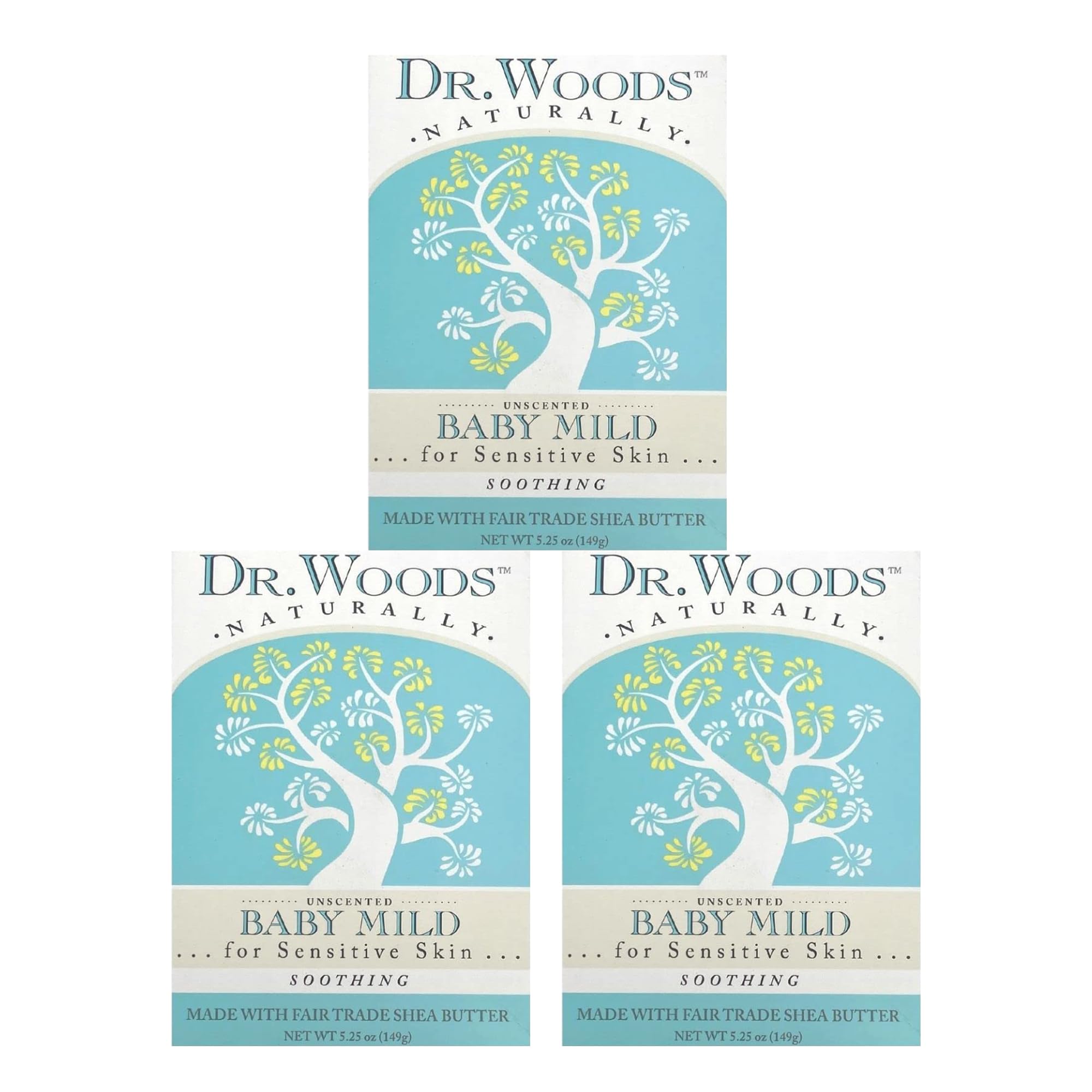Dr. Woods Unscented Baby Mild Bar Soap packaging showing fragrance-free formula for sensitive skin