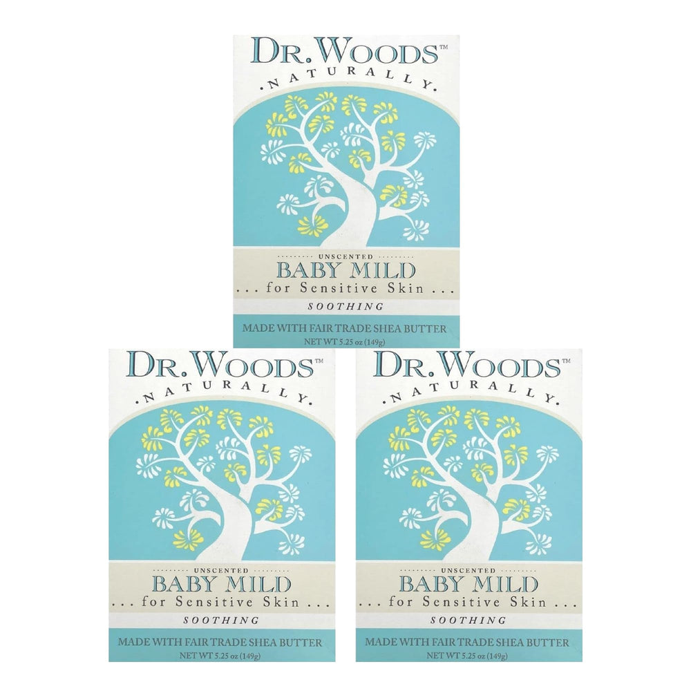 Dr. Woods Unscented Baby Mild Bar Soap packaging showing fragrance-free formula for sensitive skin