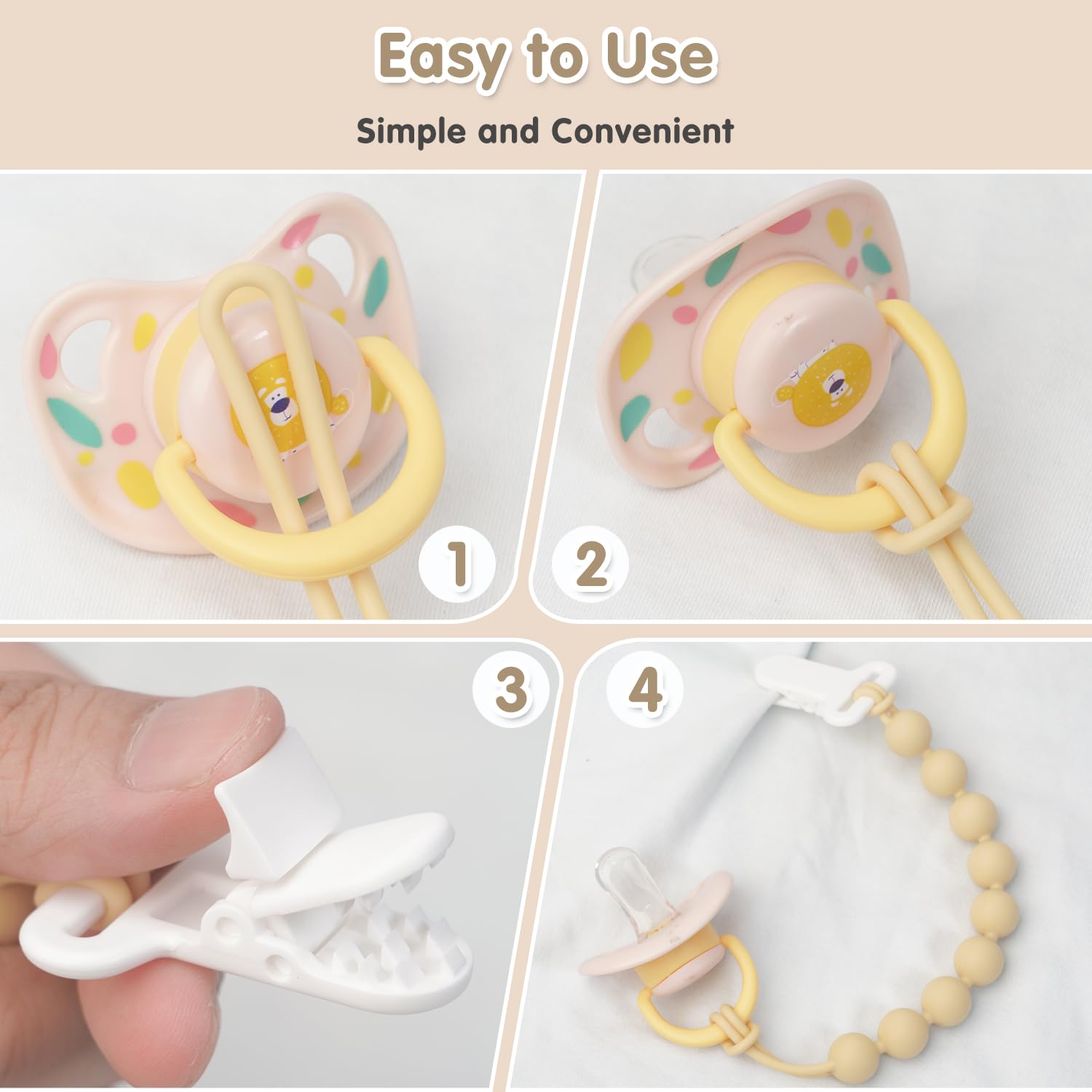 Draklary pacifier clips being cleaned with soap and water for easy care