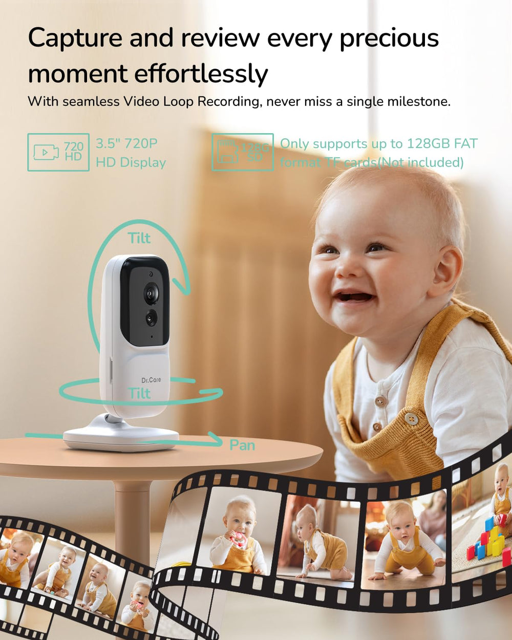 Dr.Care NeoView 2-way audio for real-time soothing from another room.