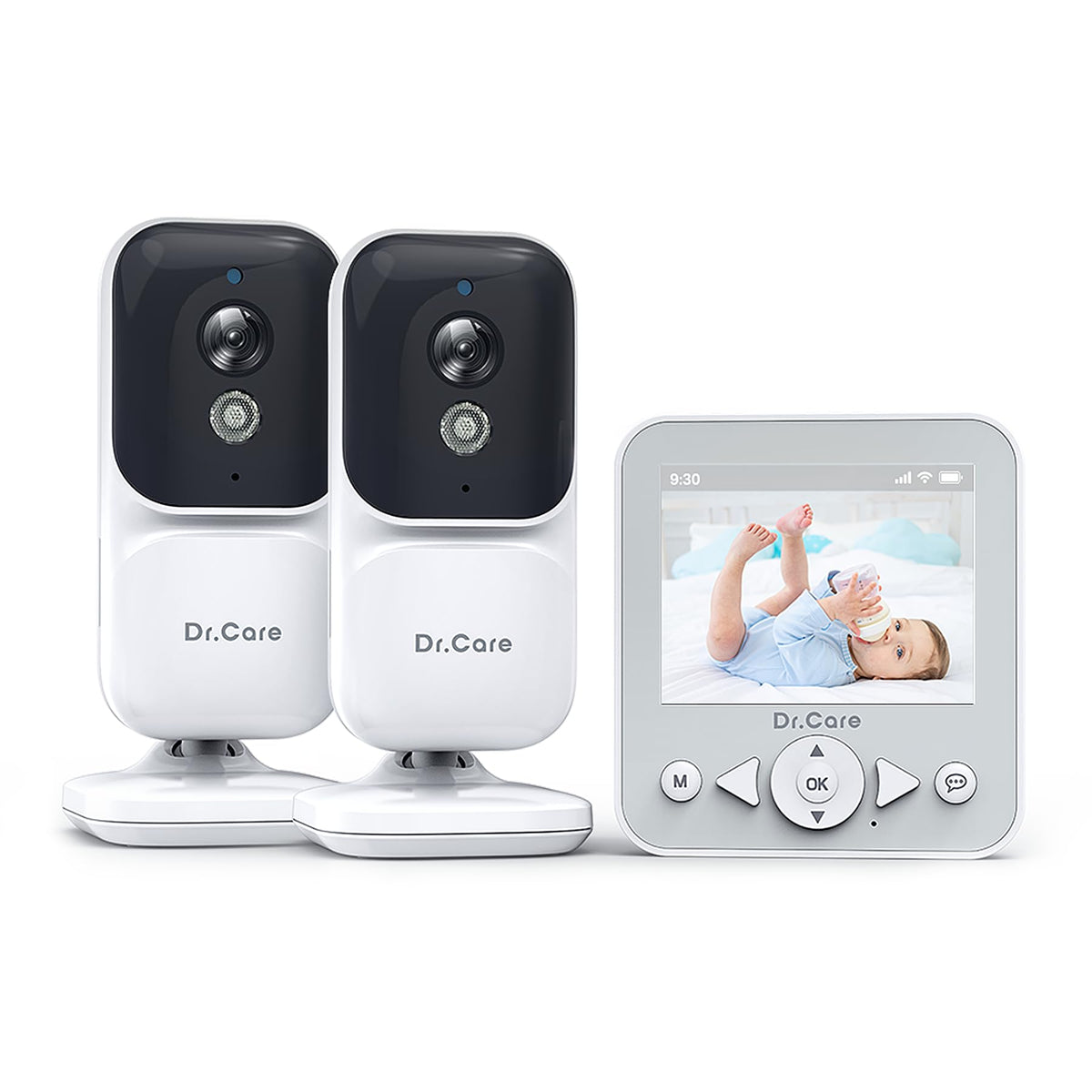 Dr.Care NeoView monitor front view with dual-camera setup for secure baby monitoring.