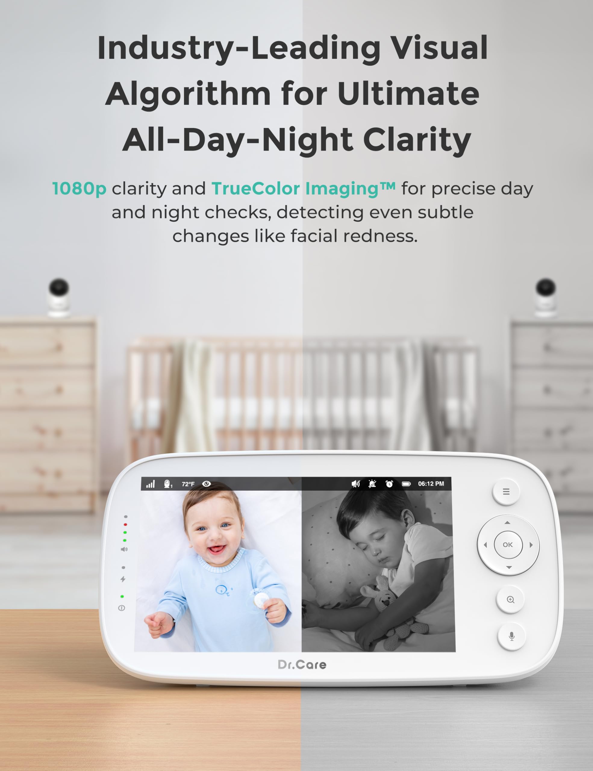 Dr.Care NovaView split-screen display lets you monitor two feeds simultaneously for safer multitasking