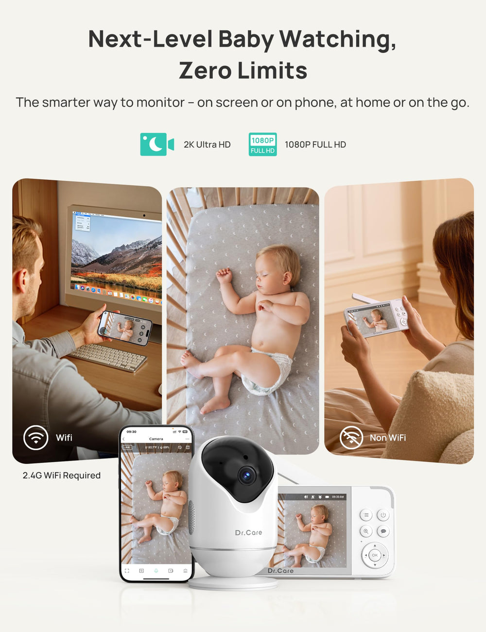 Dr.Care VistaView with 2K resolution live feed for crisp baby moments.