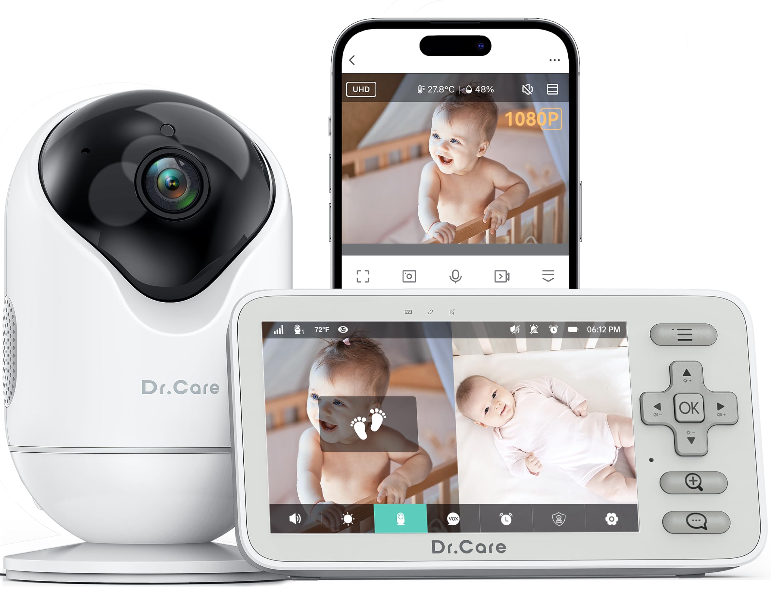 Dr.Care VistaView Lite monitor unit with split-screen view for day and night baby monitoring.