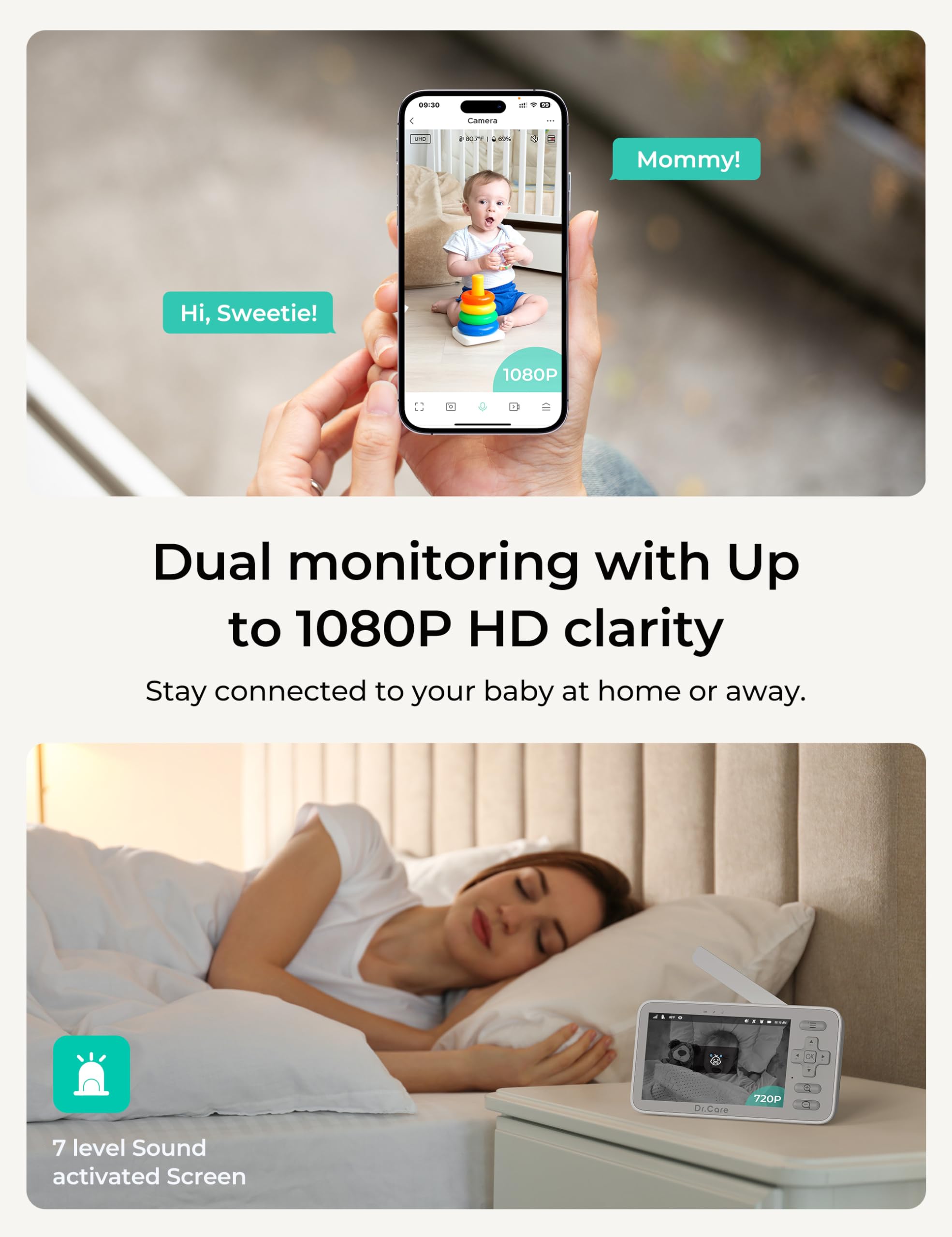 Dr.Care VistaView Lite split-screen view enabling simultaneous monitoring of two angles