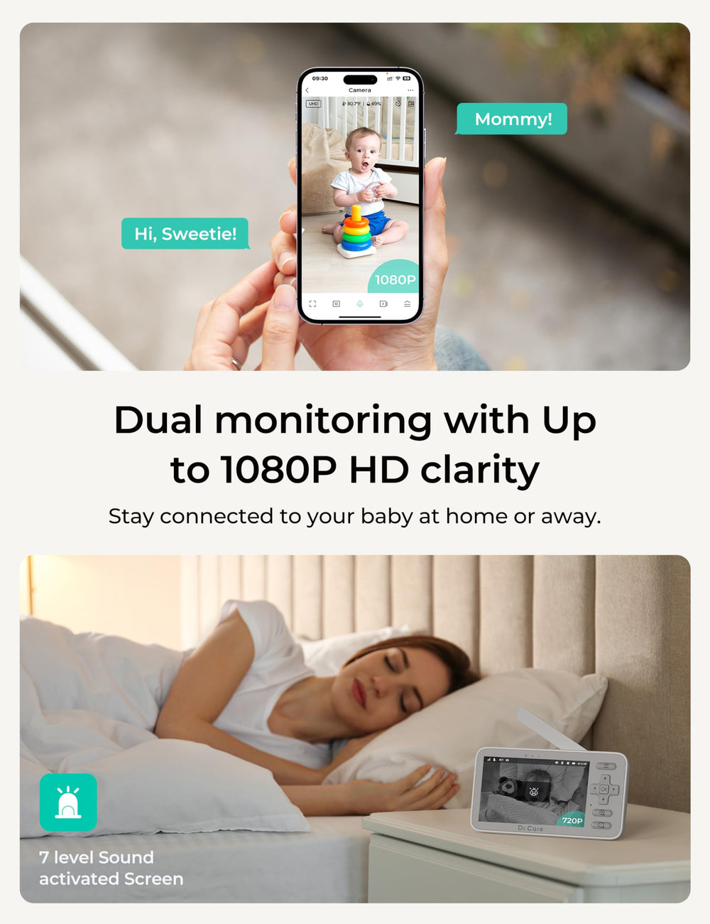 Dr.Care VistaView Lite split-screen view enabling simultaneous monitoring of two angles