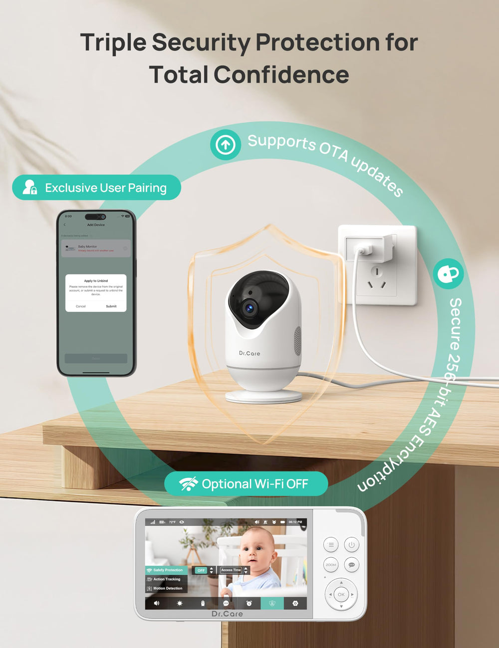 Dr.Care VistaView two-way talk enables comforting voice interaction with baby.