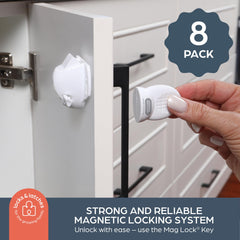 Dreambaby Mag Locks close-up with adhesive pad shows damage-free installation