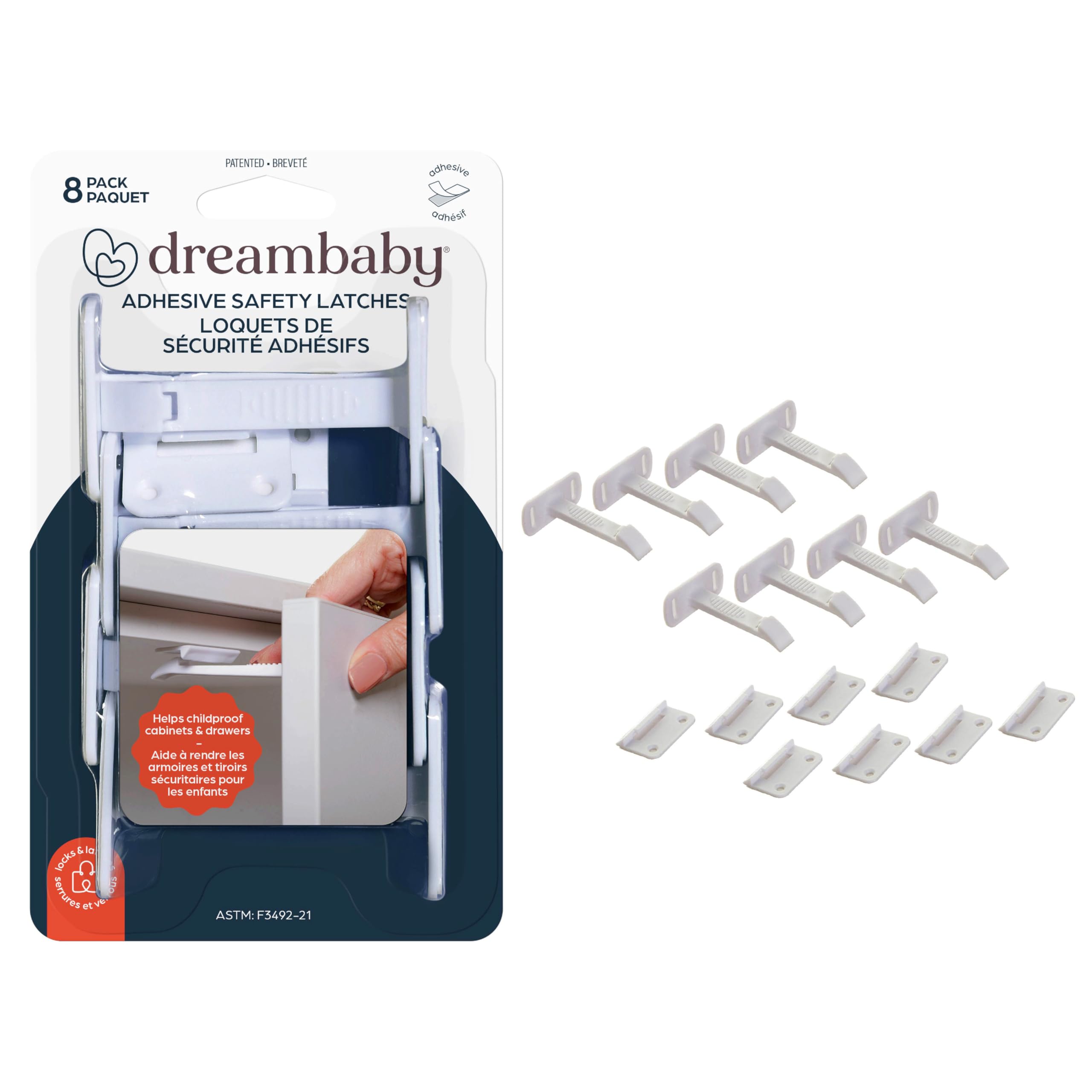 Dreambaby adhesive safety latches on cabinet front provide secure access control
