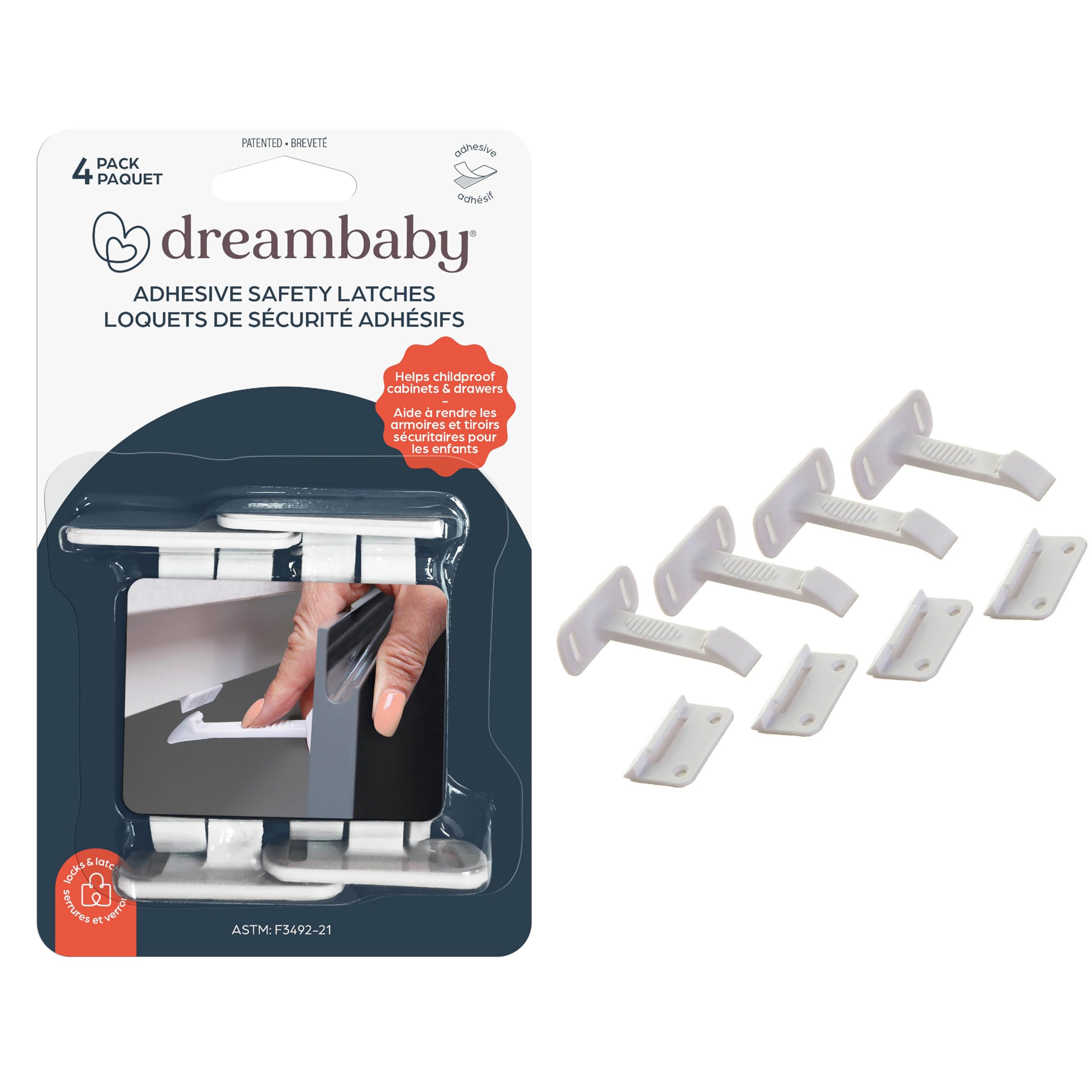 Dreambaby adhesive safety latches packaging shows quick-install design for easy setup.