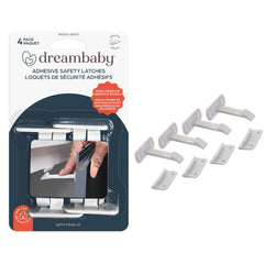 Dreambaby adhesive safety latches packaging shows quick-install design for easy setup.