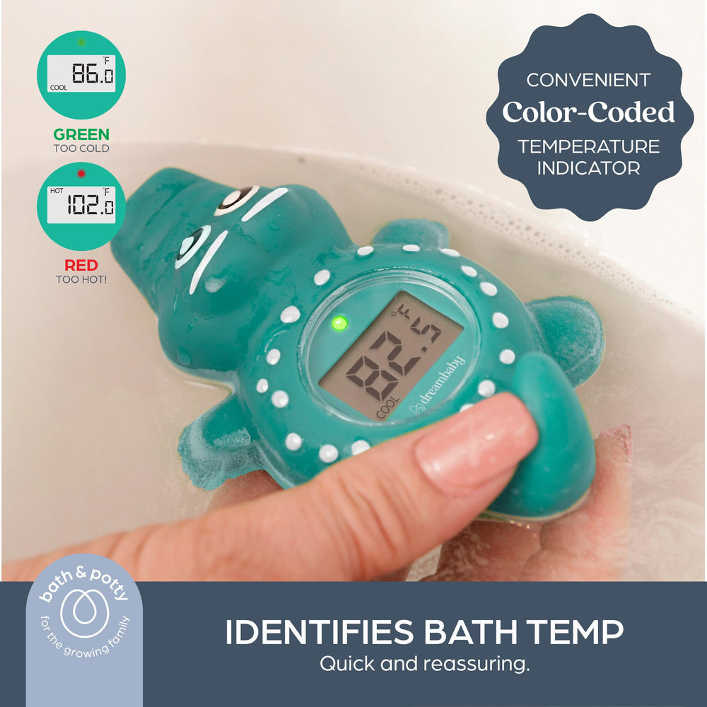 Dreambaby bath thermometer safety indicators show hot or cool water