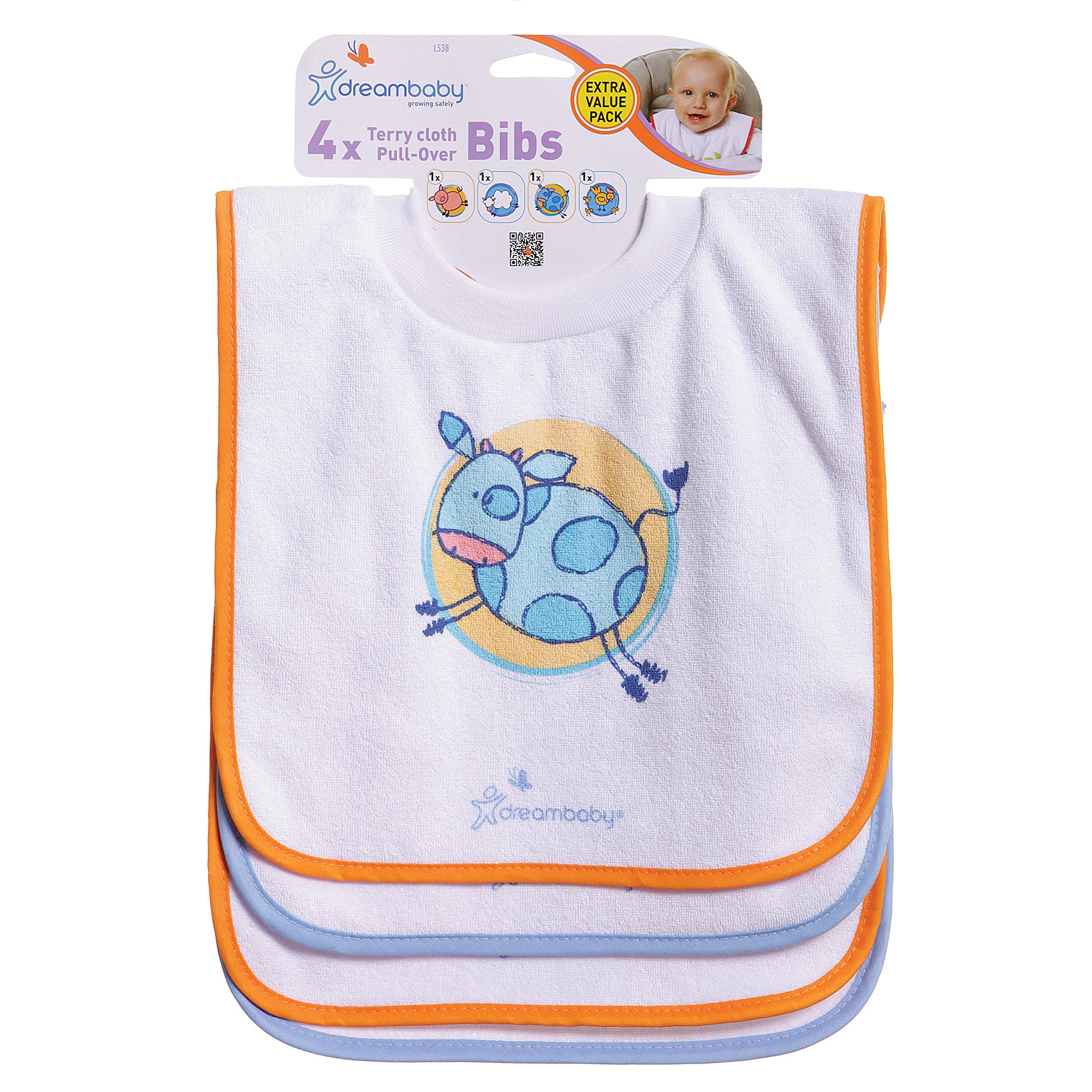 Dreambaby bib with extra-large neck opening ensures comfortable fit for growing babies.