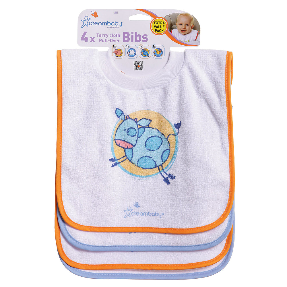 Dreambaby bib with extra-large neck opening ensures comfortable fit for growing babies.