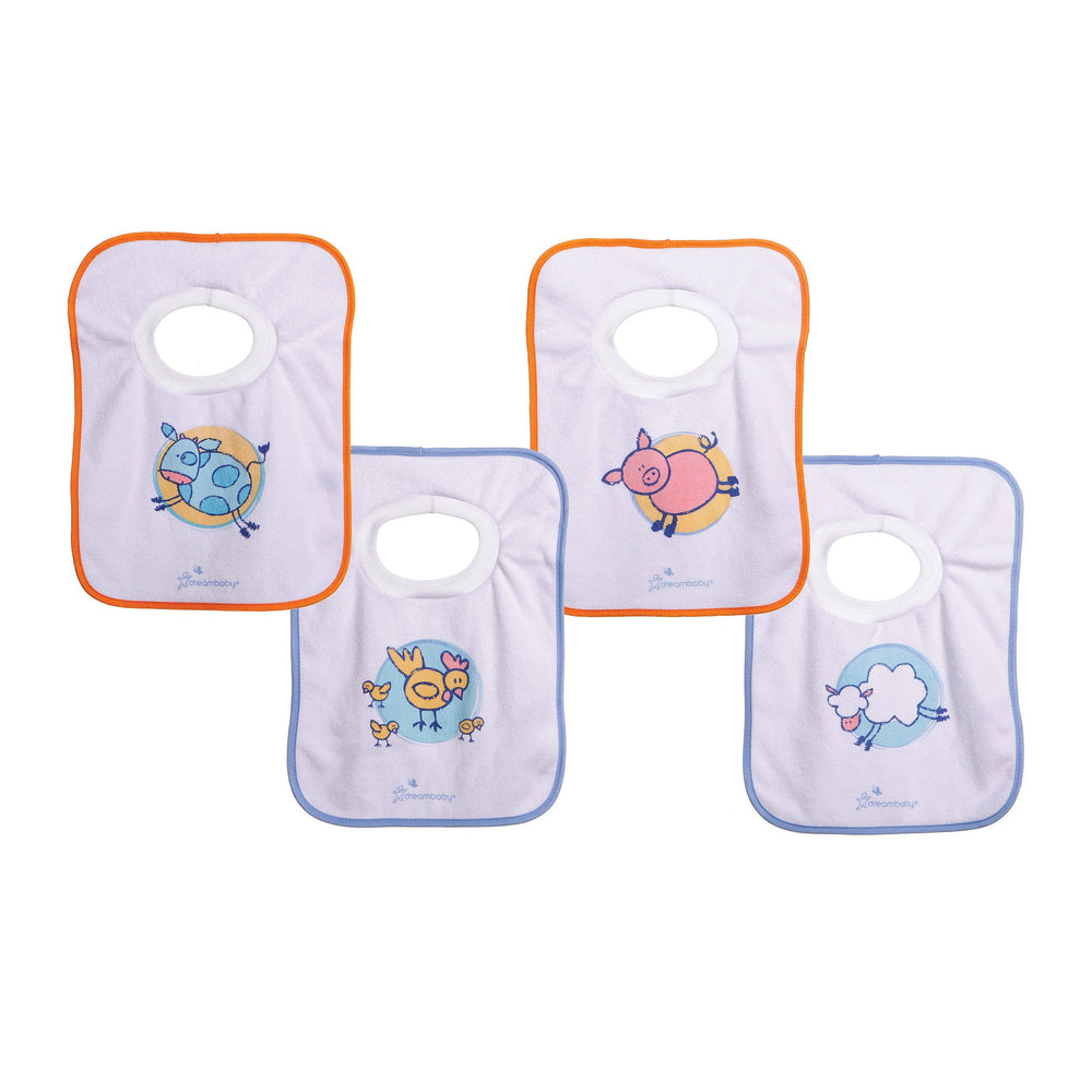 Dreambaby bib with farm cow design in soft terry cloth helps catch drool and spills.