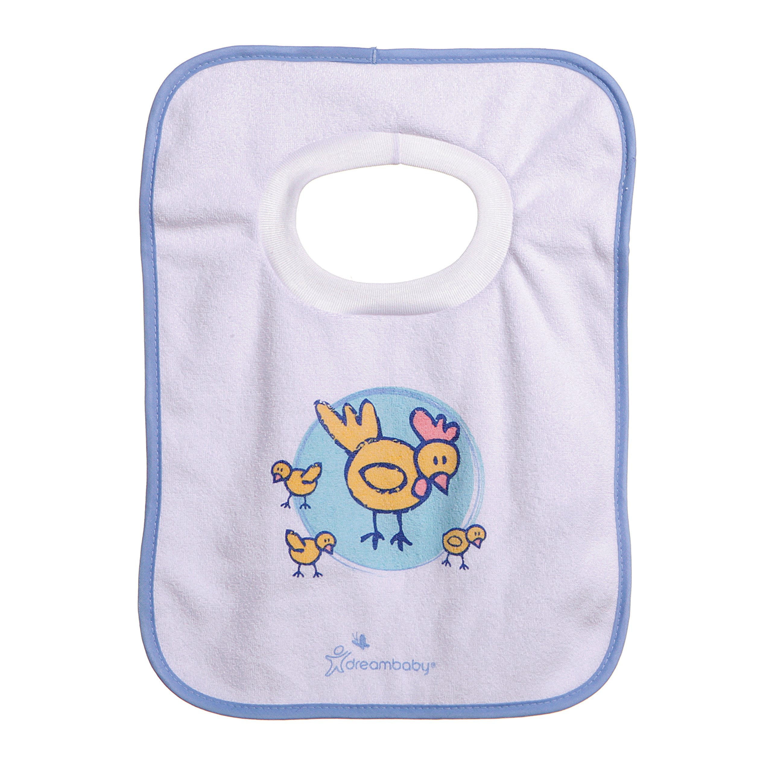 Dreambaby bib featuring farm sheep motif offers extra-soft material for teething and feeding times.
