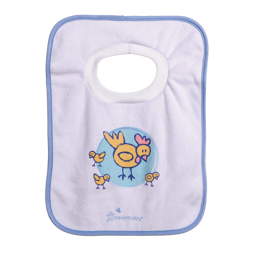 Dreambaby bib featuring farm sheep motif offers extra-soft material for teething and feeding times.